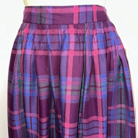 Vintage 80s Chaus Purple, Pink & Green Plaid Pleated Midi Full Rayon Skirt - Picture 2 of 7